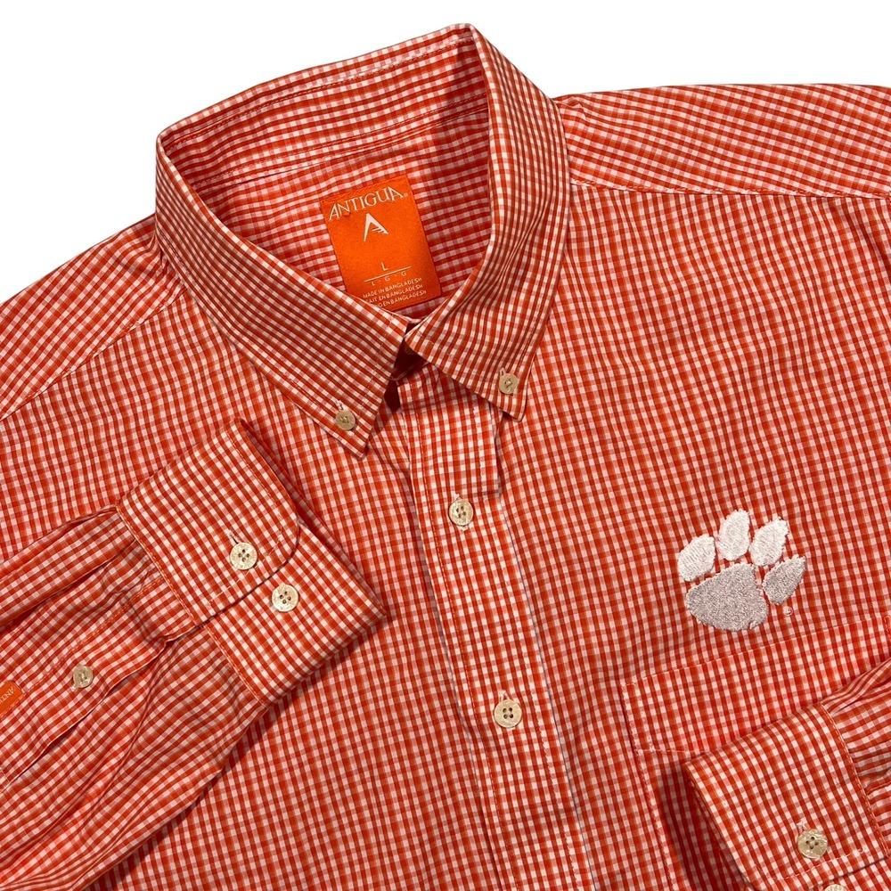 Antigua Button Down Shirt Mens Large Orange Gingham Clemson Tigers NCAA Logo